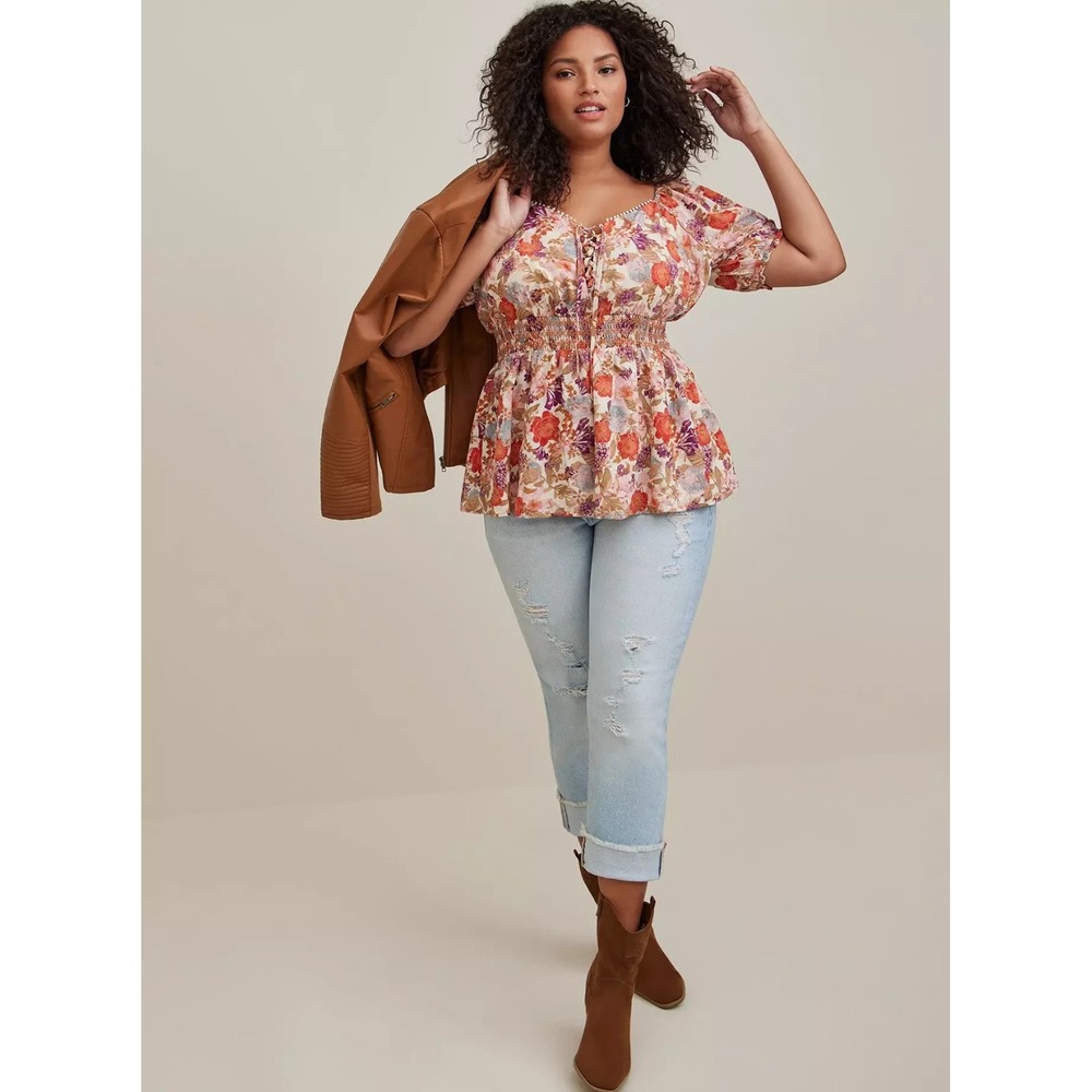 Torrid Georgette Eyelet Smocked Waist Puff Sleeve Top Plus Size 3X Peasant Boho - Picture 13 of 13